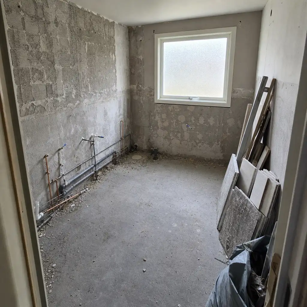 Badrum under renovering i Ängelholm-hus nära Rönne å med exponerade rörledningar