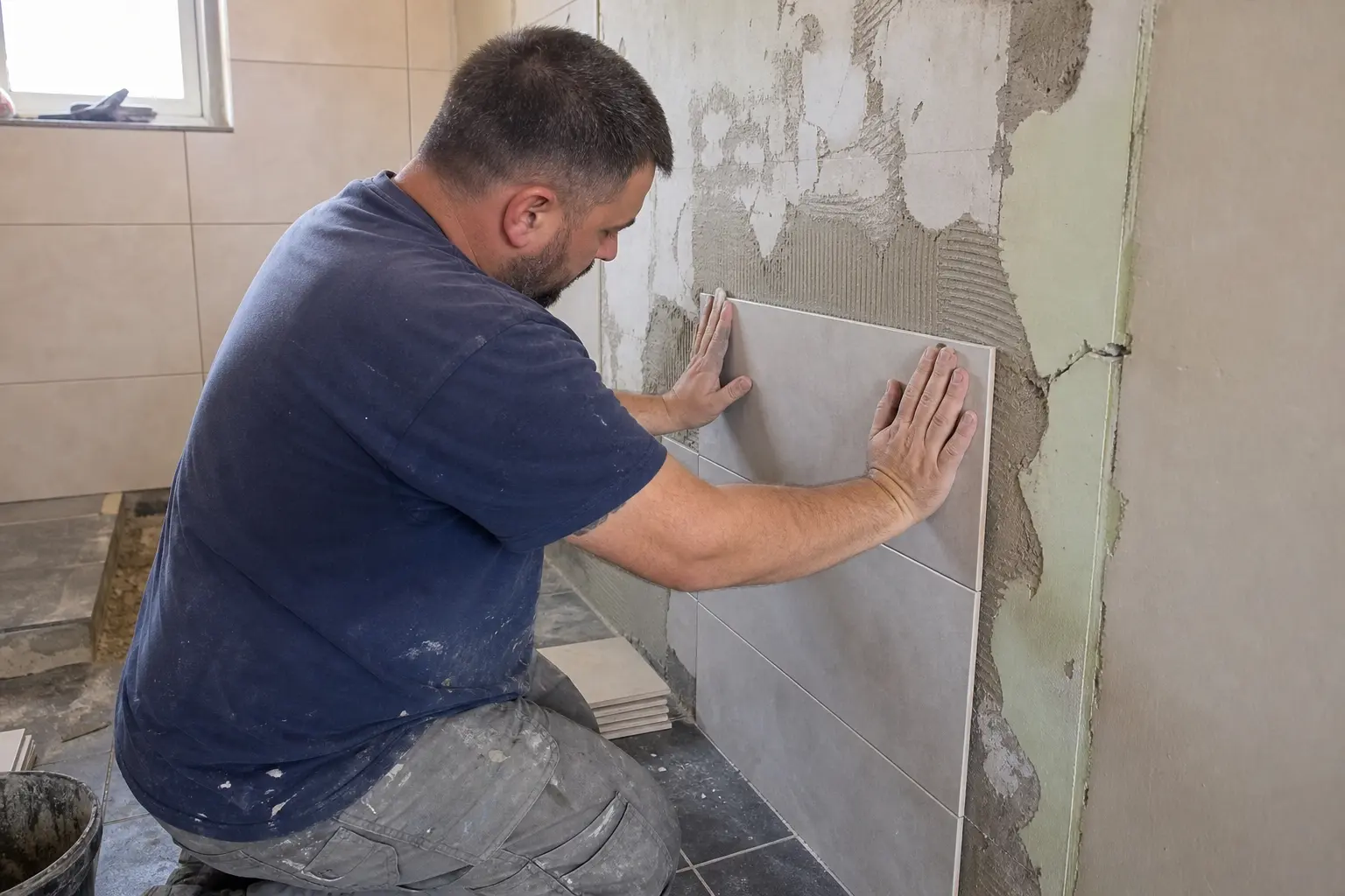 Badrumsrenovatör lägger kakelplattor i ett nytt badrum