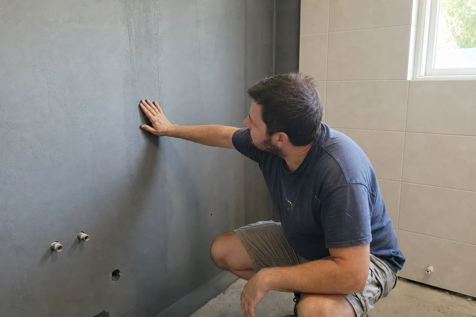 Hantverkare visar tätskikt på badrumsvägg under renovering