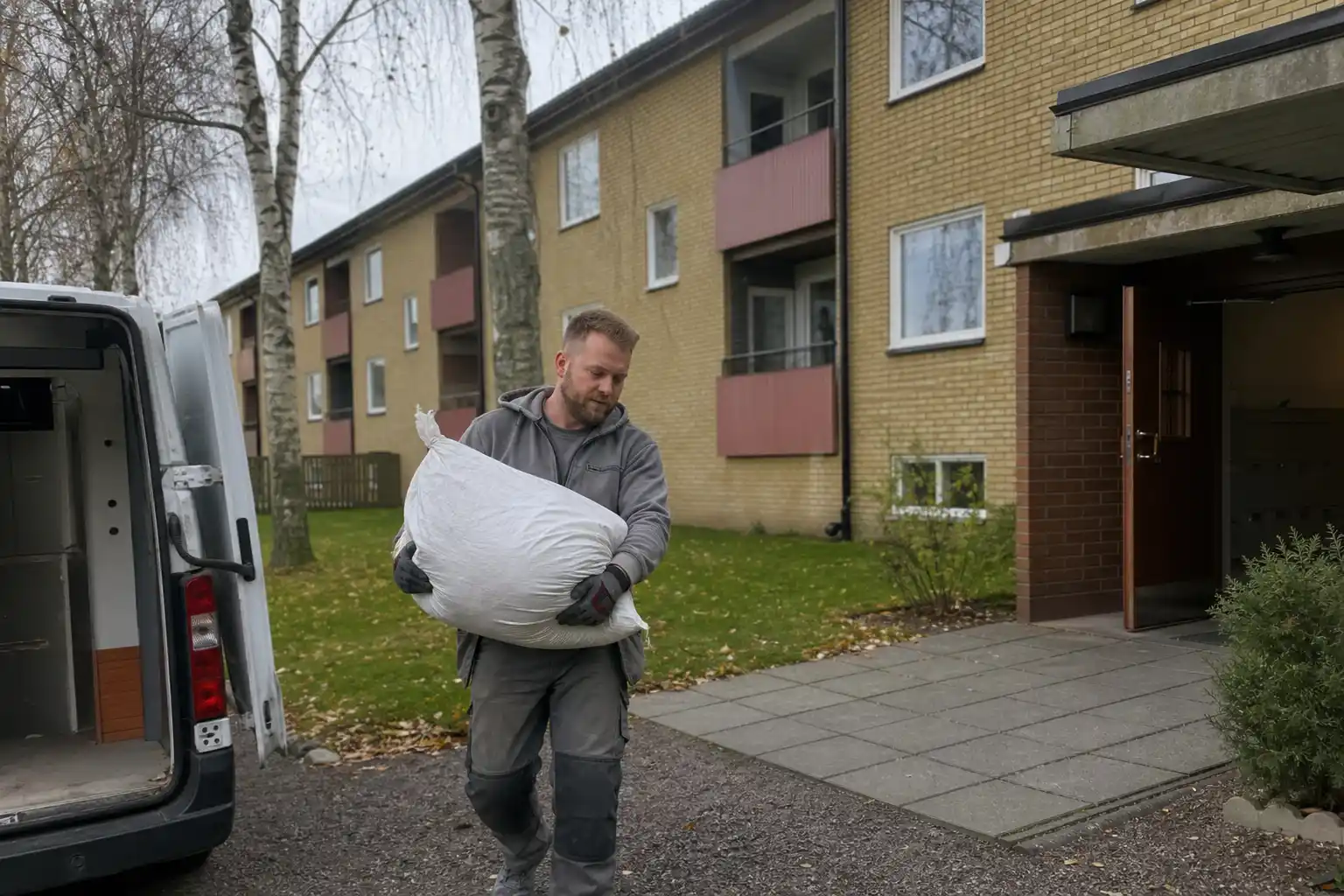 Leverantör bär en vit säck med rivningsmassor från porten till ett tre våningar högt hus i gult tegel med röda balkongfronter, mot en skåpbil, med björkar på gräsmattan