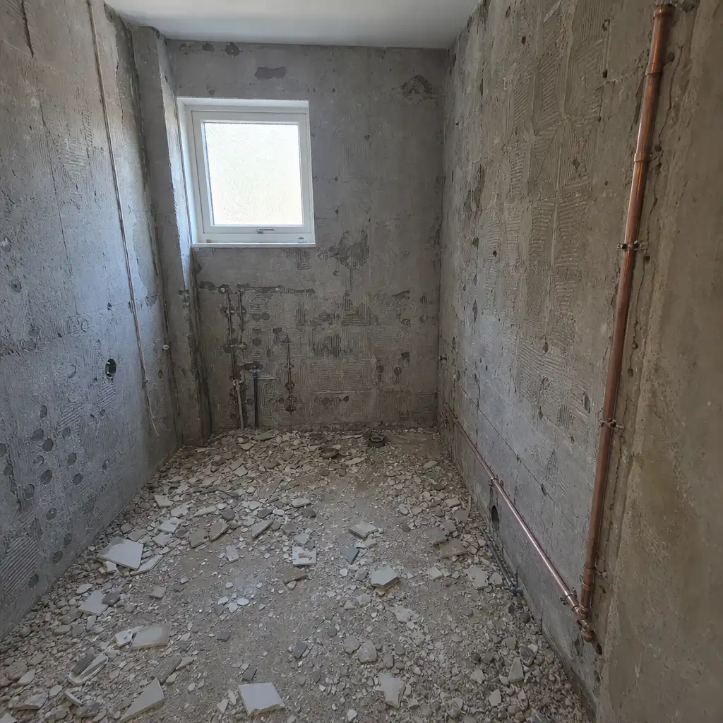 Badrum under renovering i äldre Helsingborg-villa med rivna väggar och exponerade rör