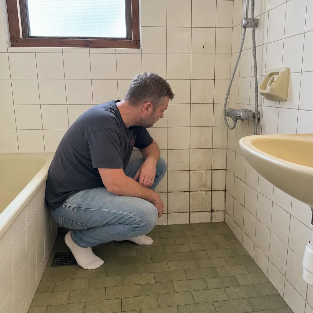 Husägare inspekterar fuktfläckar och mögelsvart fog i gammalt Helsingborg-badrum