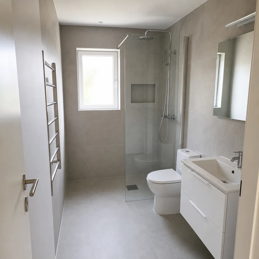 Nyrenoverat modernt badrum i en Kristianstad-lägenhet med ljusgrå kakel och modern dusch