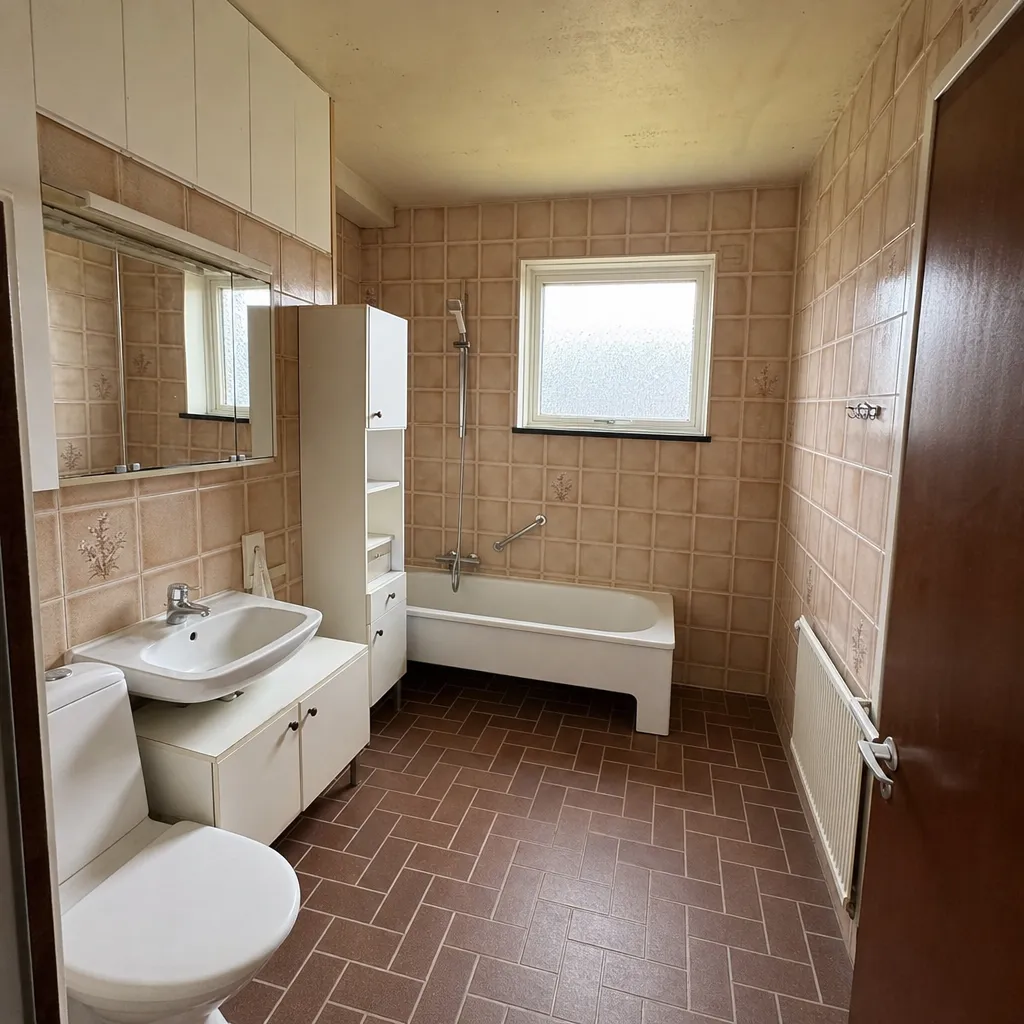 Gammalt badrum i Landskrona-villa med slitet kakel inför renovering