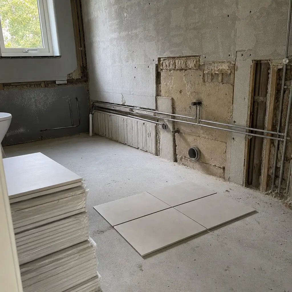 Badrum under renovering i Lund med nytt kakel och modernt material på plats