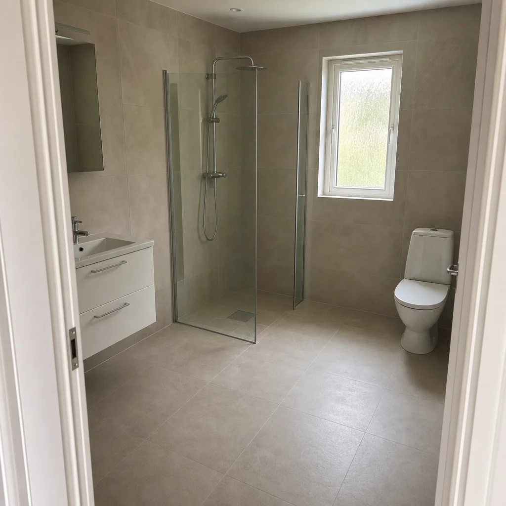 Nyrenoverat badrum i en Trelleborg-villa med nytt kakel och modern armatur