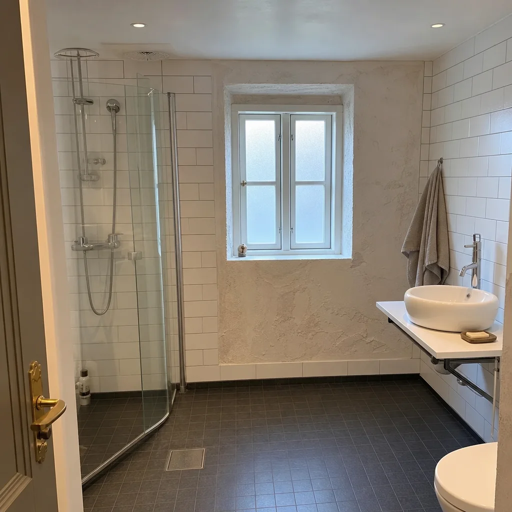 Renoverat badrum i äldre Ystad-fastighet med nytt vitt kakel och modern armatur