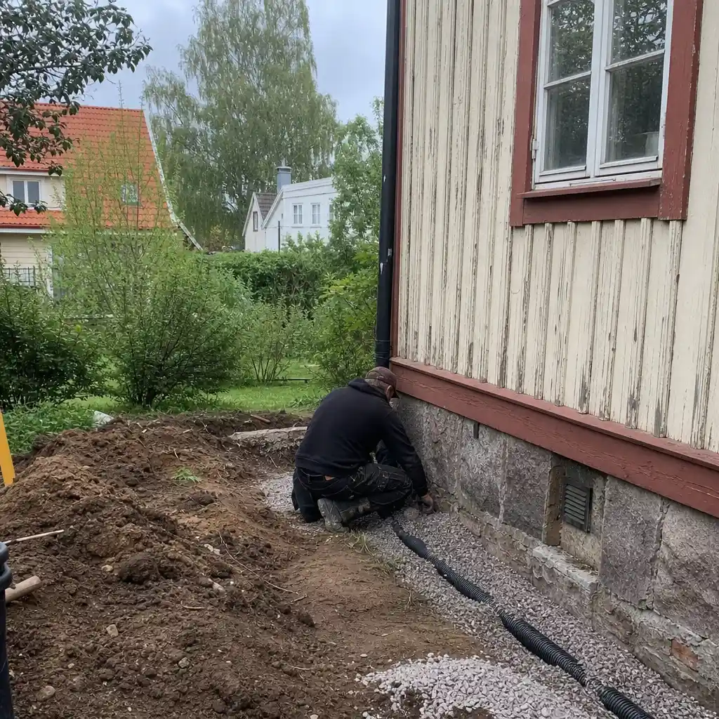Hantverkare arbetar längs husgrund i villaområde nära Rönne å i Ängelholm