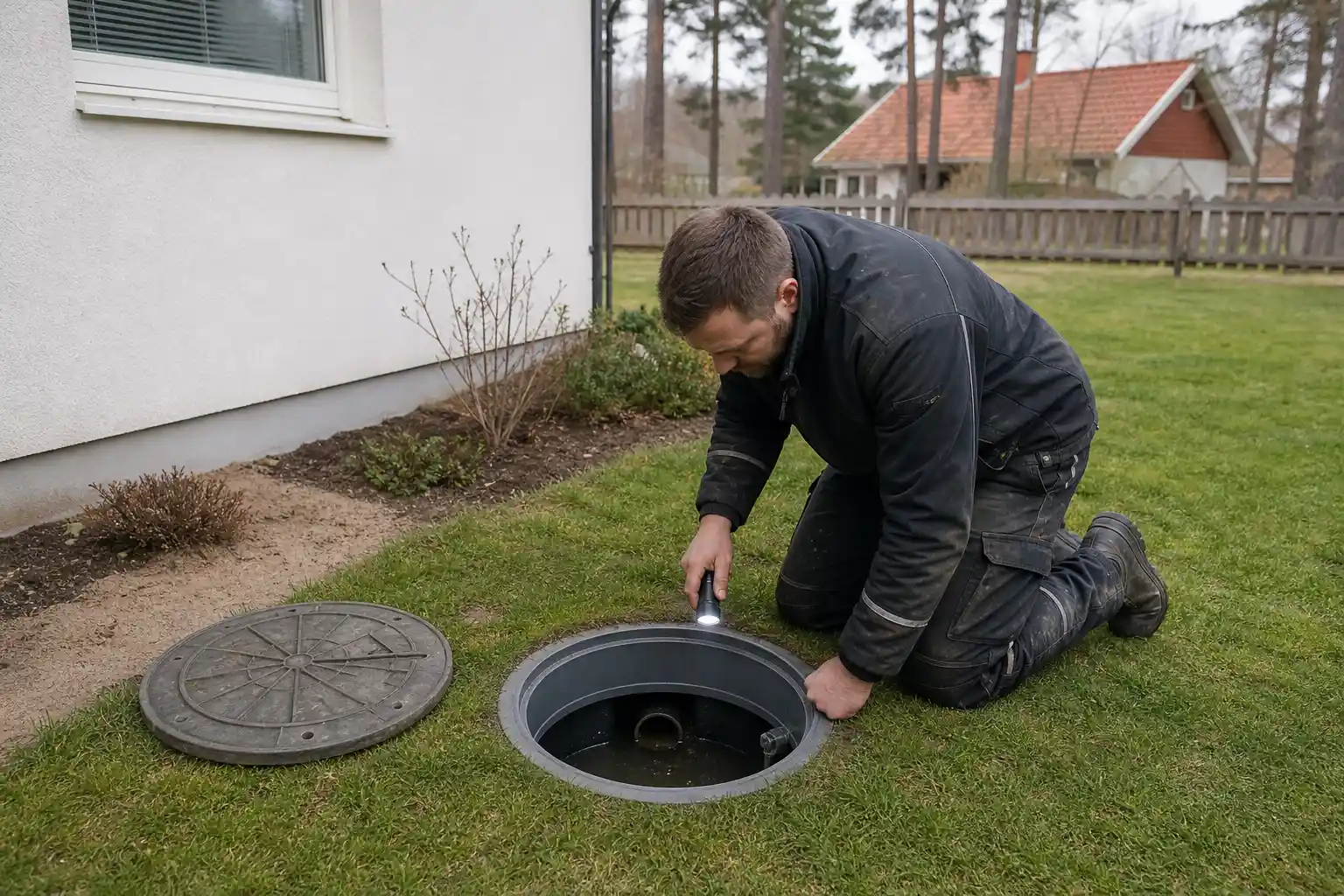 Leverantör i mörk arbetsjacka knäböjer på gräsmattan vid en vit villa och lyser med ficklampa ner i en öppen dräneringsbrunn, med tallar och ett trästaket i bakgrunden