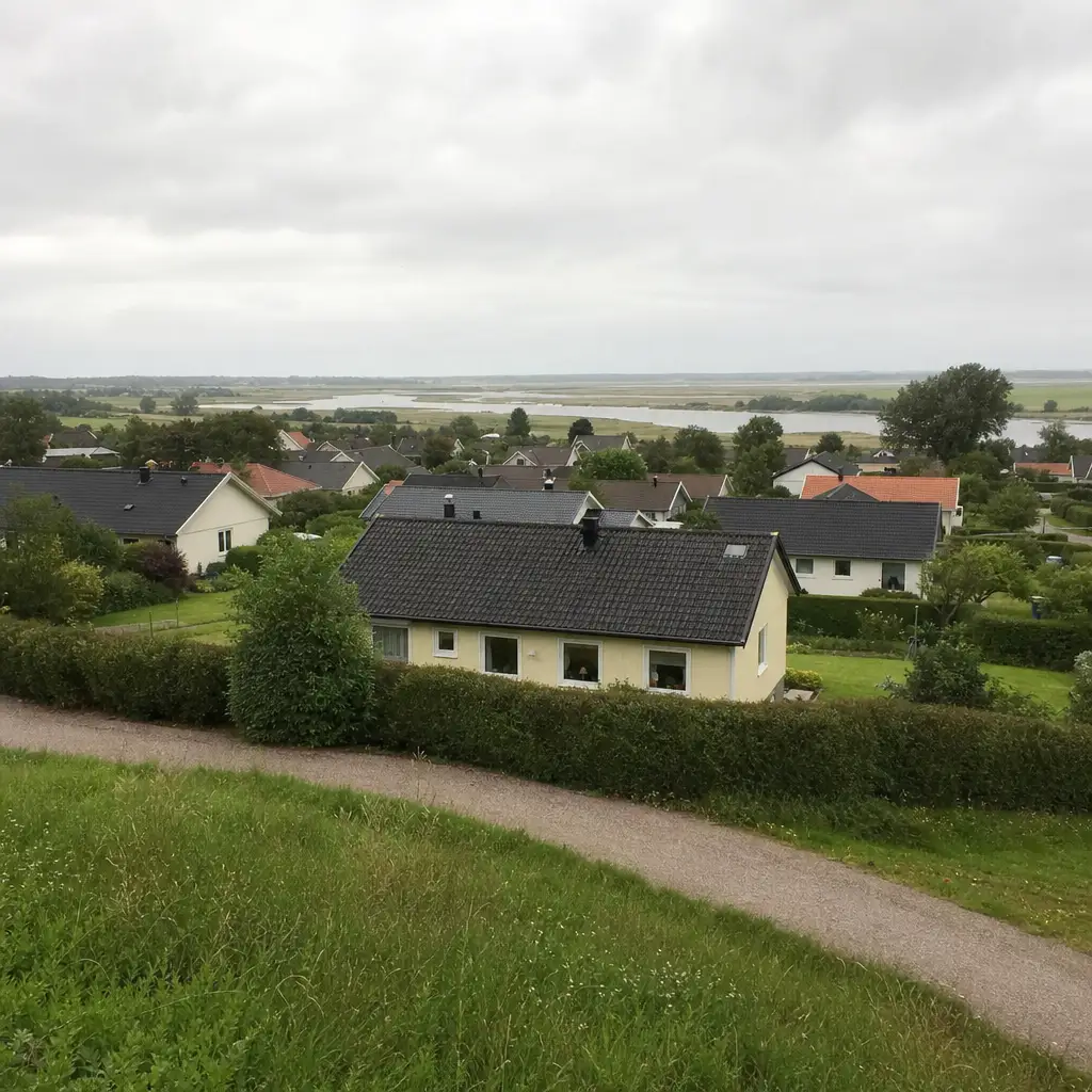 Låglänt bostadsområde i Kristianstad med husrader och fuktig terräng