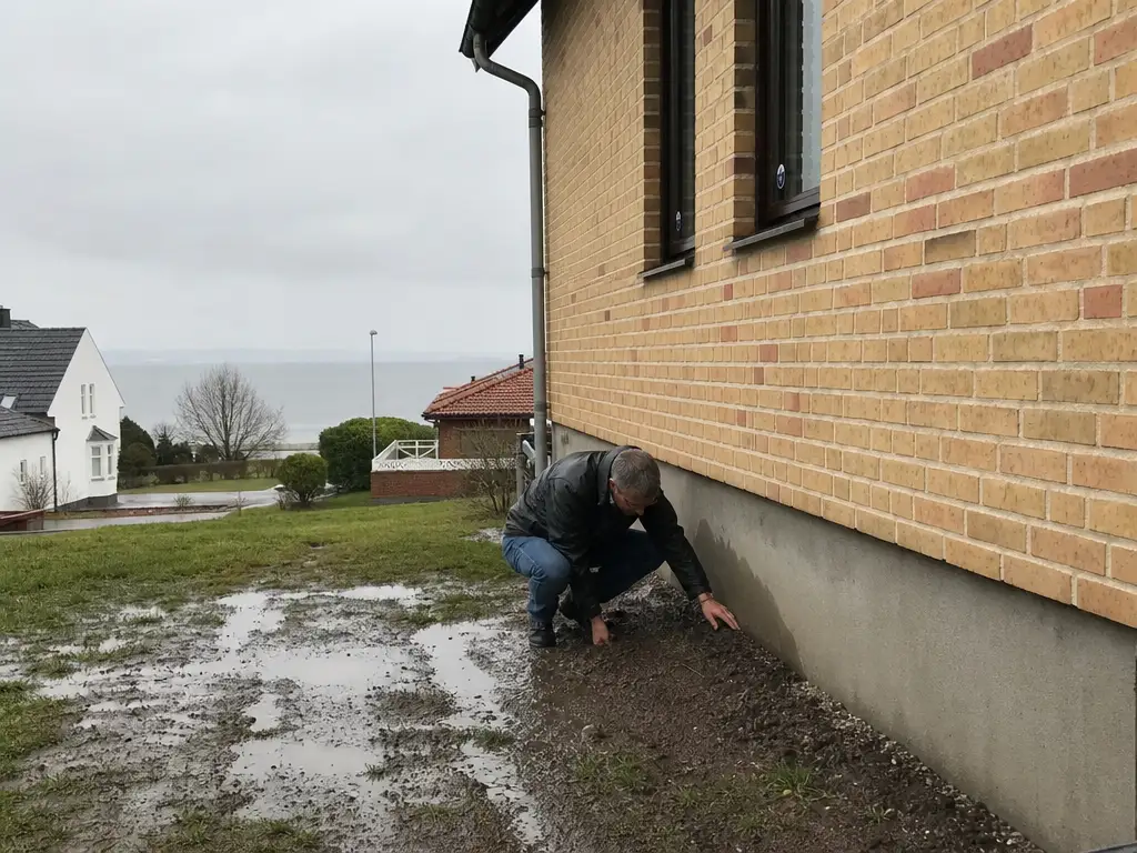 Låglänt bostadsområde i Landskrona med husrader och fuktig terräng