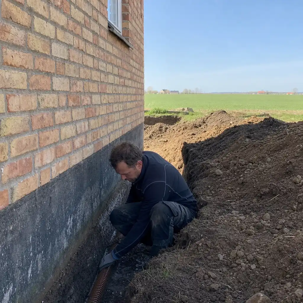 Plan lerjord runt husgrund i villaområde i Trelleborg under dräneringsarbete