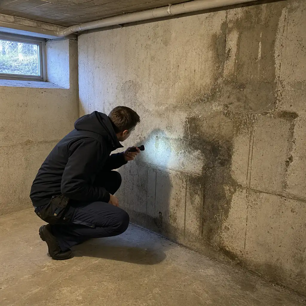 Hantverkare inspekterar fuktskada på källarvägg i hus i Trelleborg