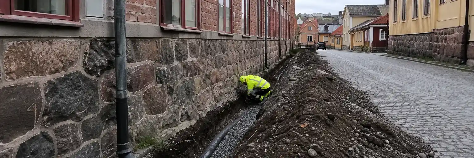 Dräneringsarbete vid äldre stenhus i Ystads innerstad