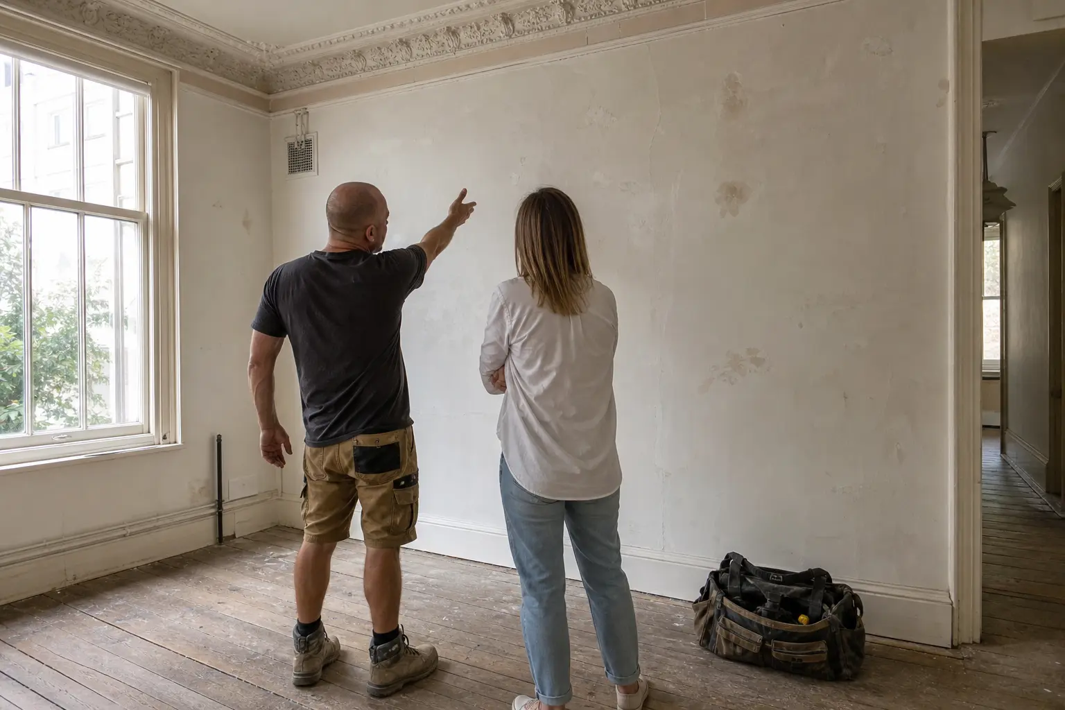 Köksmontör och boende tittar på den rivna väggen i köket i en jugendlägenhet på Tågaborg i Helsingborg