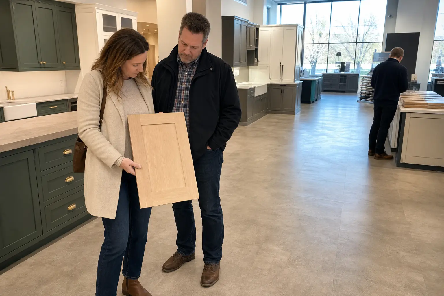 Par jämför köksluckor i en köksutställning i Kristianstad