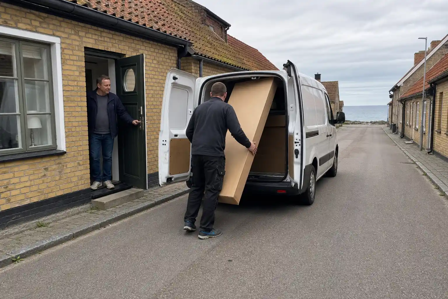 Köksmontör lyfter ut köksstommar ur en skåpbil på en smal gata i Borstahusen i Landskrona medan husägaren håller upp dörren till sitt gatehus