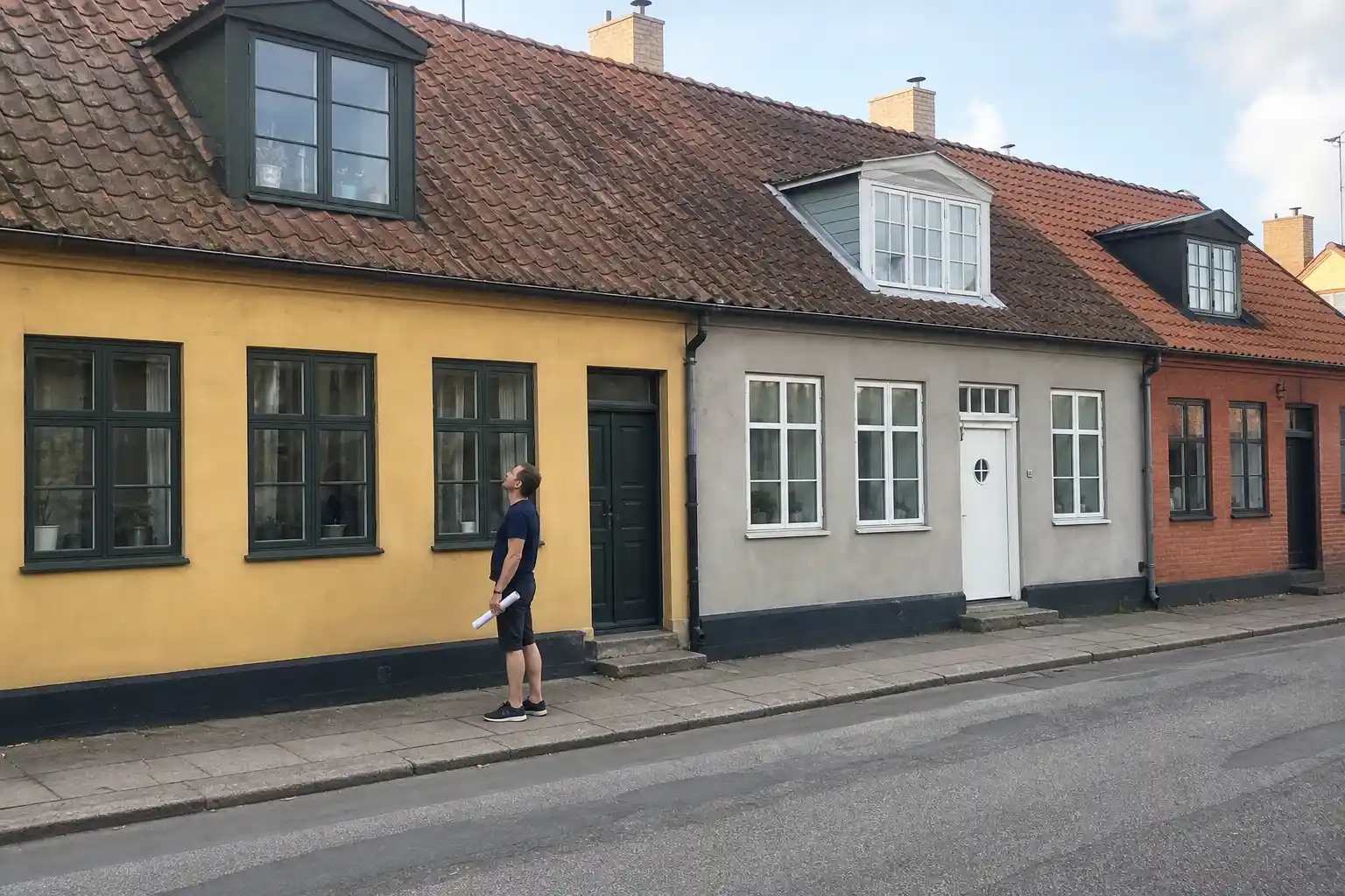 Låglänt bostadsområde i Trelleborg med husrader och fuktig terräng
