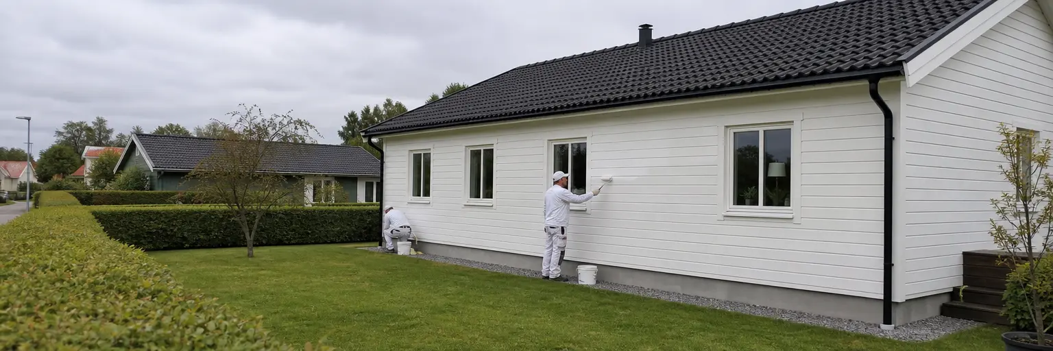 Målare arbetar vid träfasad på villa i typiskt Eslövskvarter under dagsljus