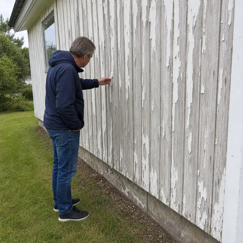 Husägare inspekterar avflagnad och grånad träfasad på villa i Hässleholm