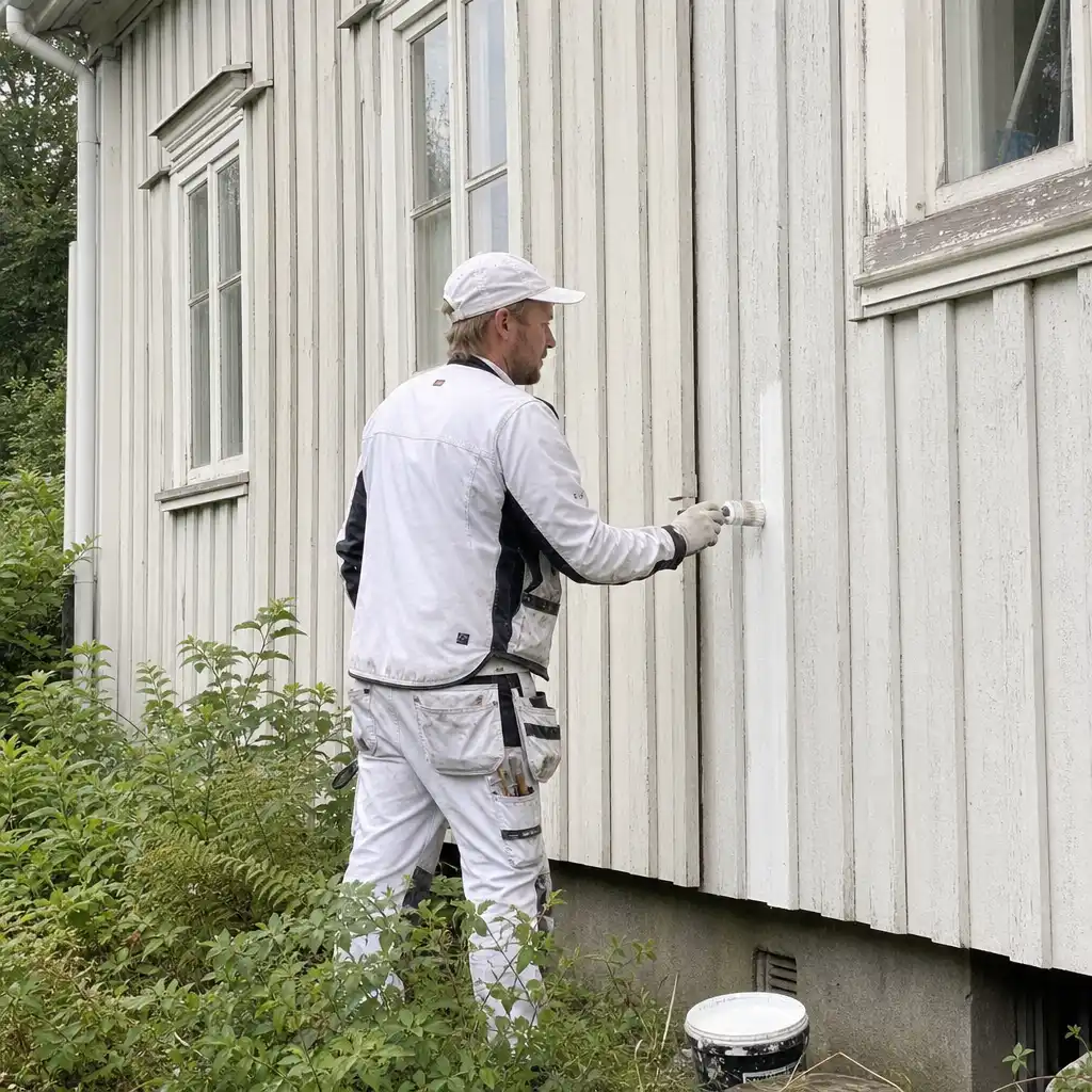 Målare behandlar träfasad vid äldre villa i Kristianstad