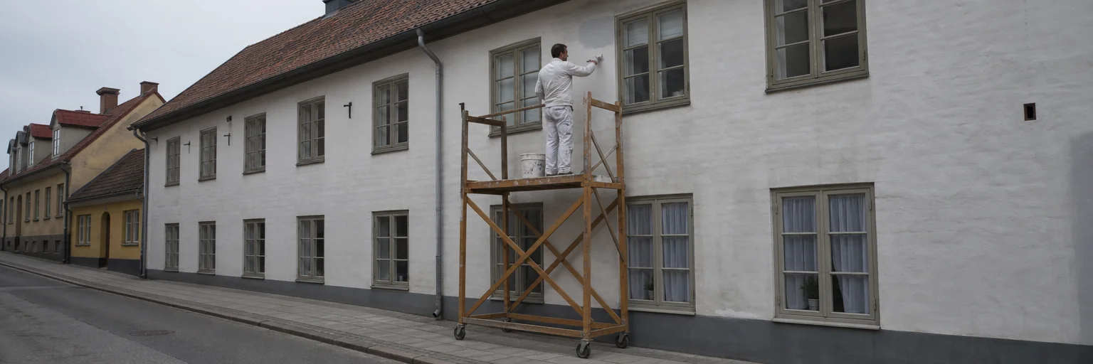 Äldre stenfasad nära Citadellet i Landskrona under målning