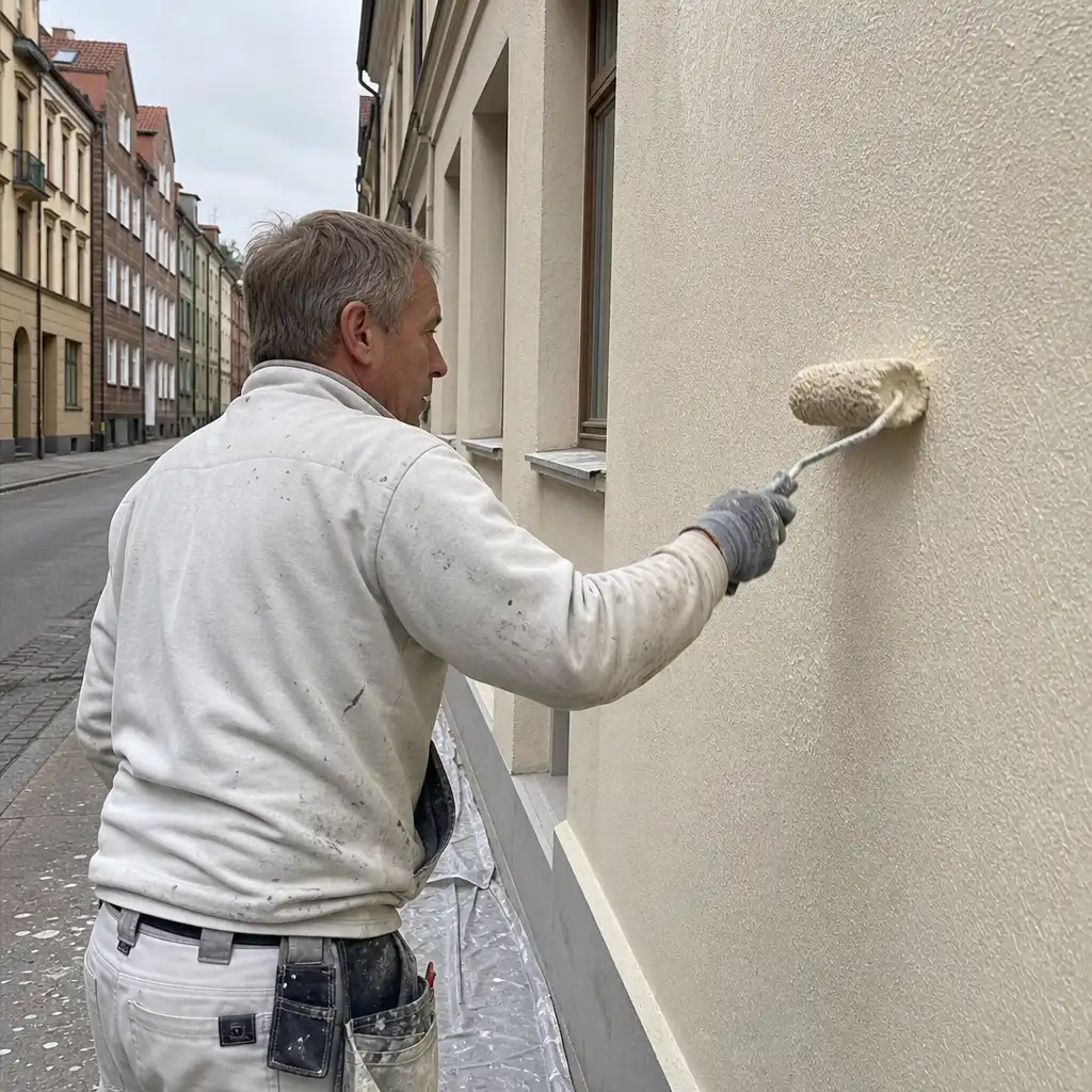 Målare arbetar vid putsad fasad i äldre stenstadskvarter i Malmö