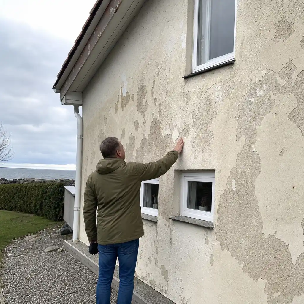 Husägare inspekterar avflagnad fasadfärg på sydexponerad sida av villa i Trelleborg