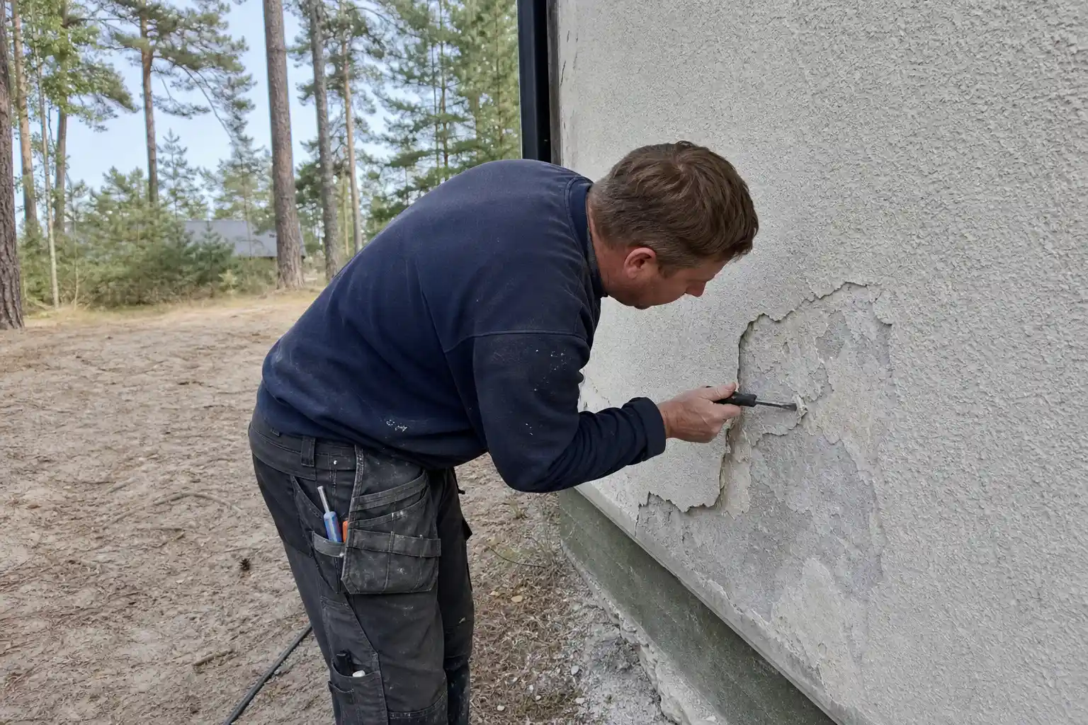 Murare knackar bort lös puts från en fasad på ett sommarhus i Ängelholms Havsbad