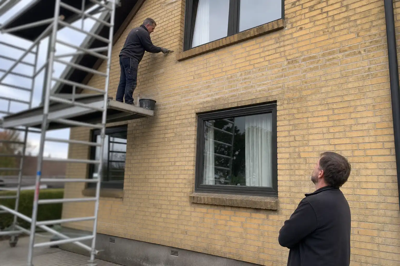 Murare fogar om en gul tegelfasad på en skånsk villa