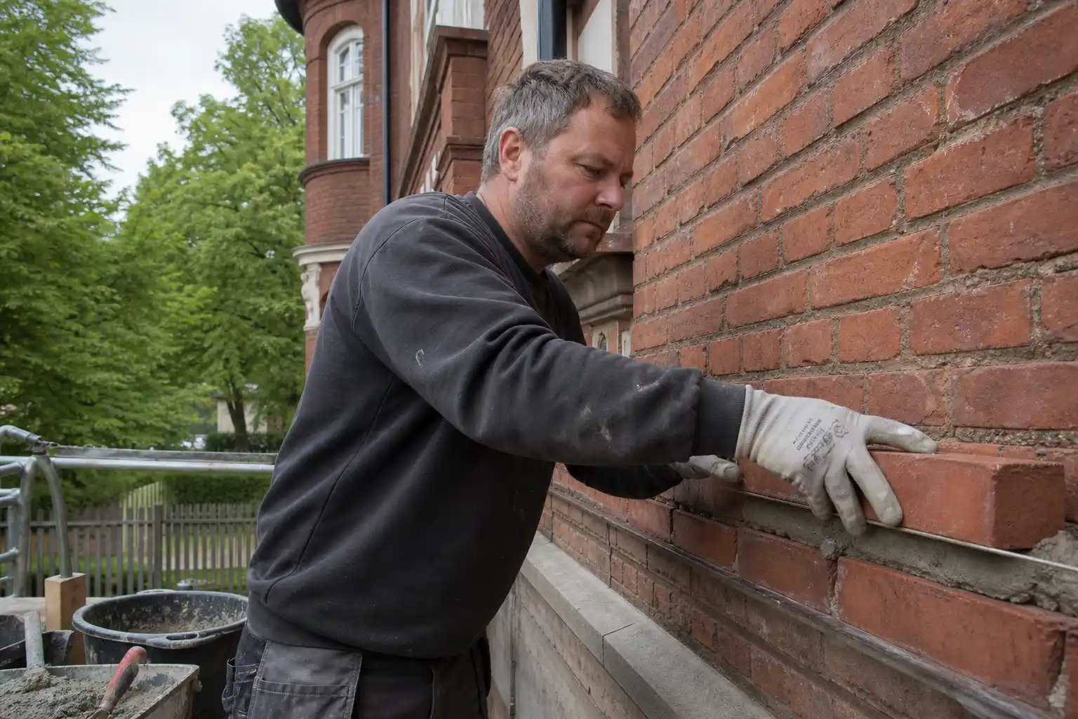 Murare arbetar med en röd tegelfasad på ett hus i Villastaden i Eslöv