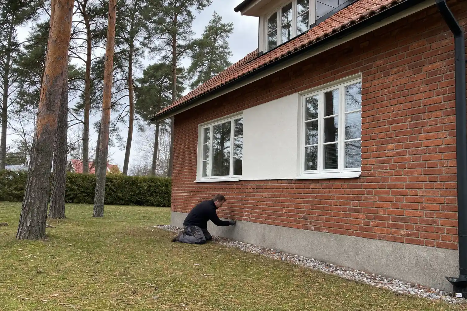 Murare på knä i gräset fogar vid sockeln på en villa i rött tegel med ett vitputsat fält mellan fönstren och höga tallar runt tomten