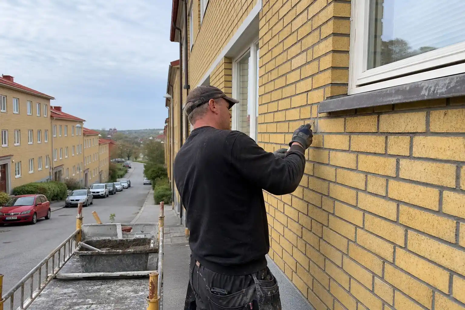 Murare fogar om en gul tegelfasad på ett folkhemshus i Hässleholm