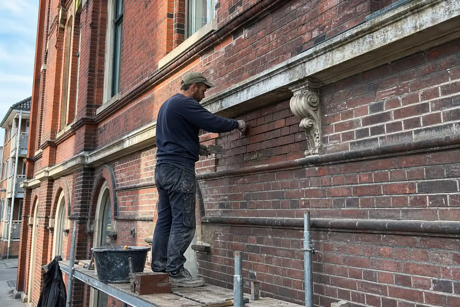 Murare fogar om en mörkröd tegelfasad på ett sekelskifteshus i Helsingborg