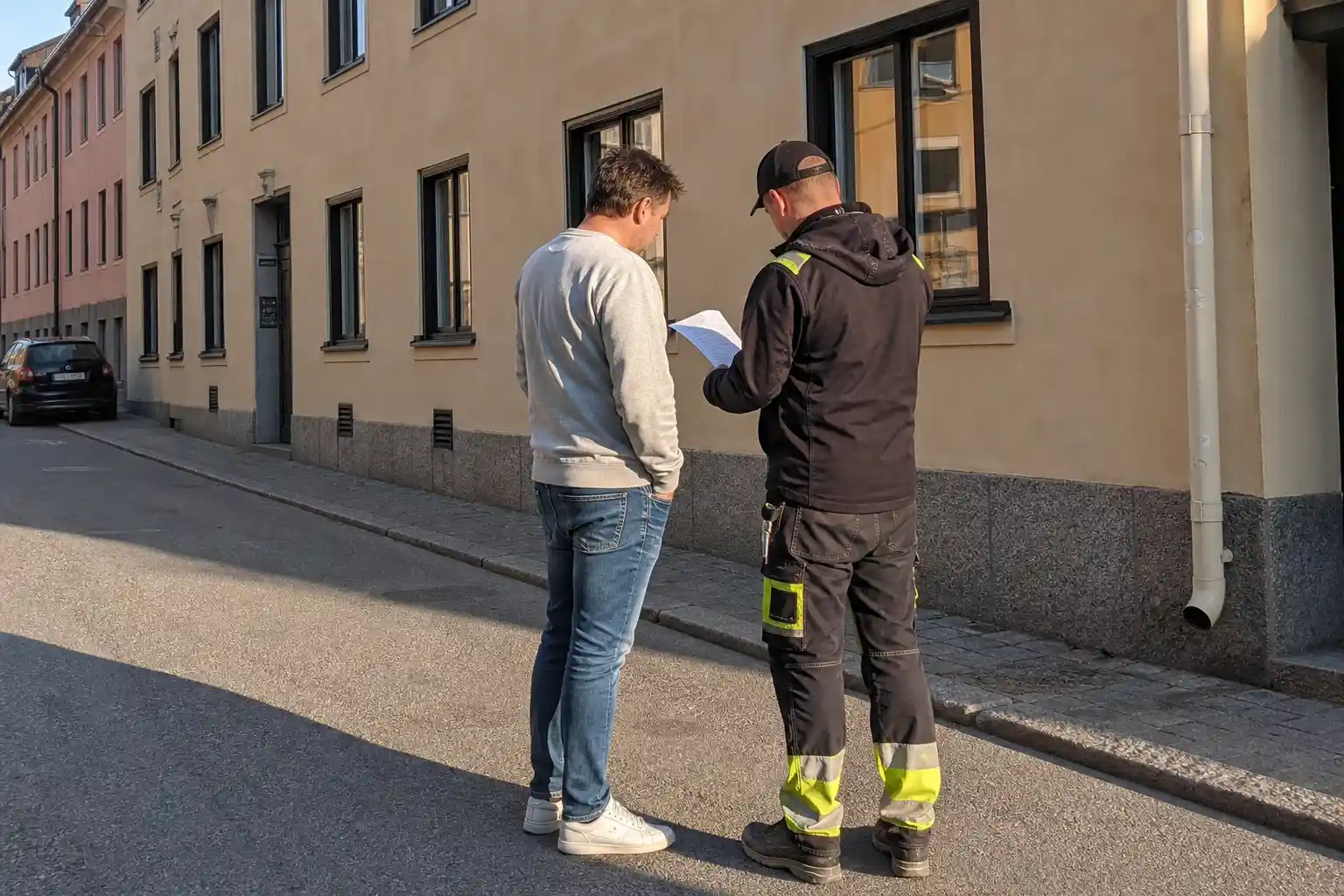 Husägare och murare granskar en offert framför en putsad fasad i Kristianstads innerstad