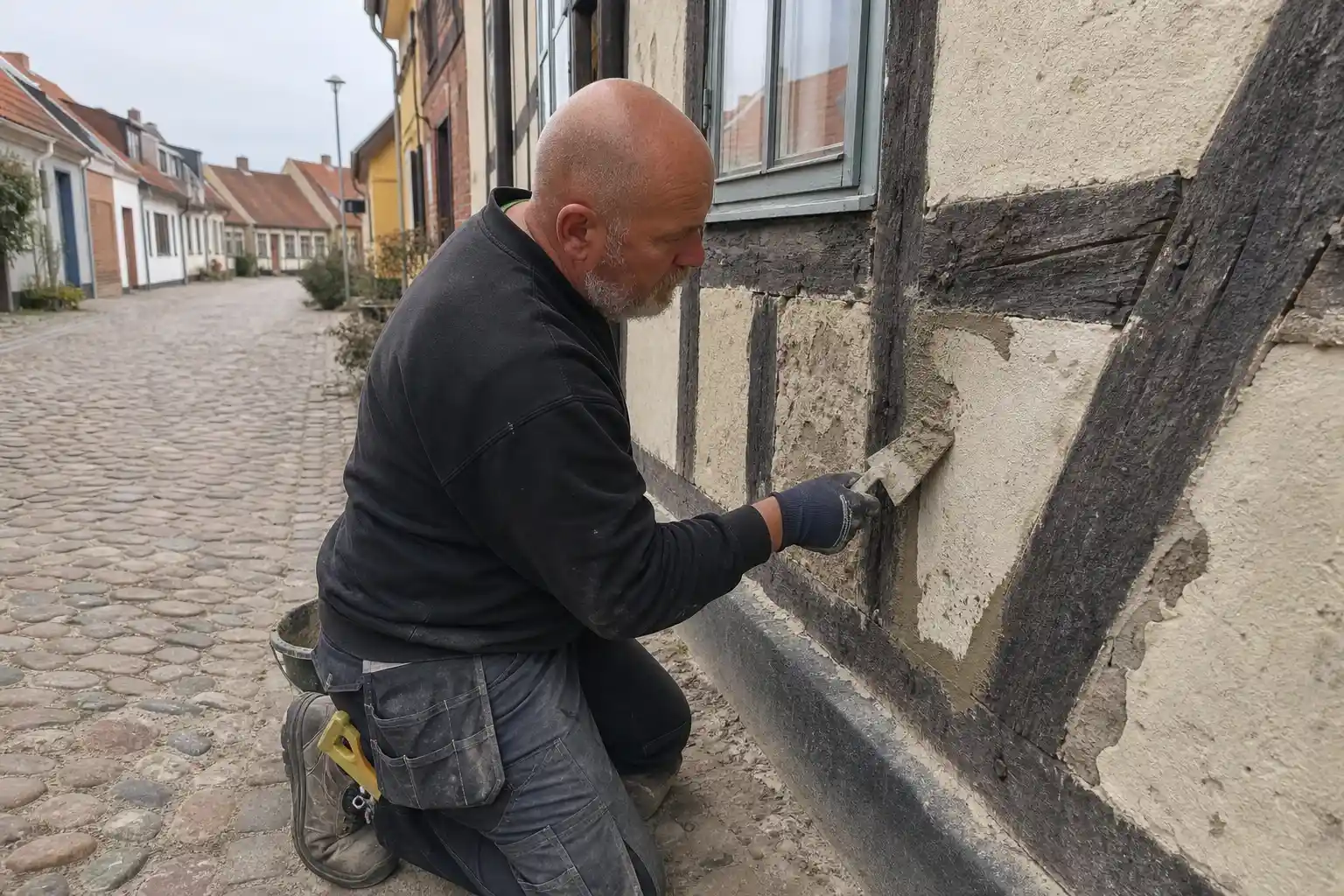 Murare lagar ett murat fack i ett korsvirkeshus i Ystads gamla stad