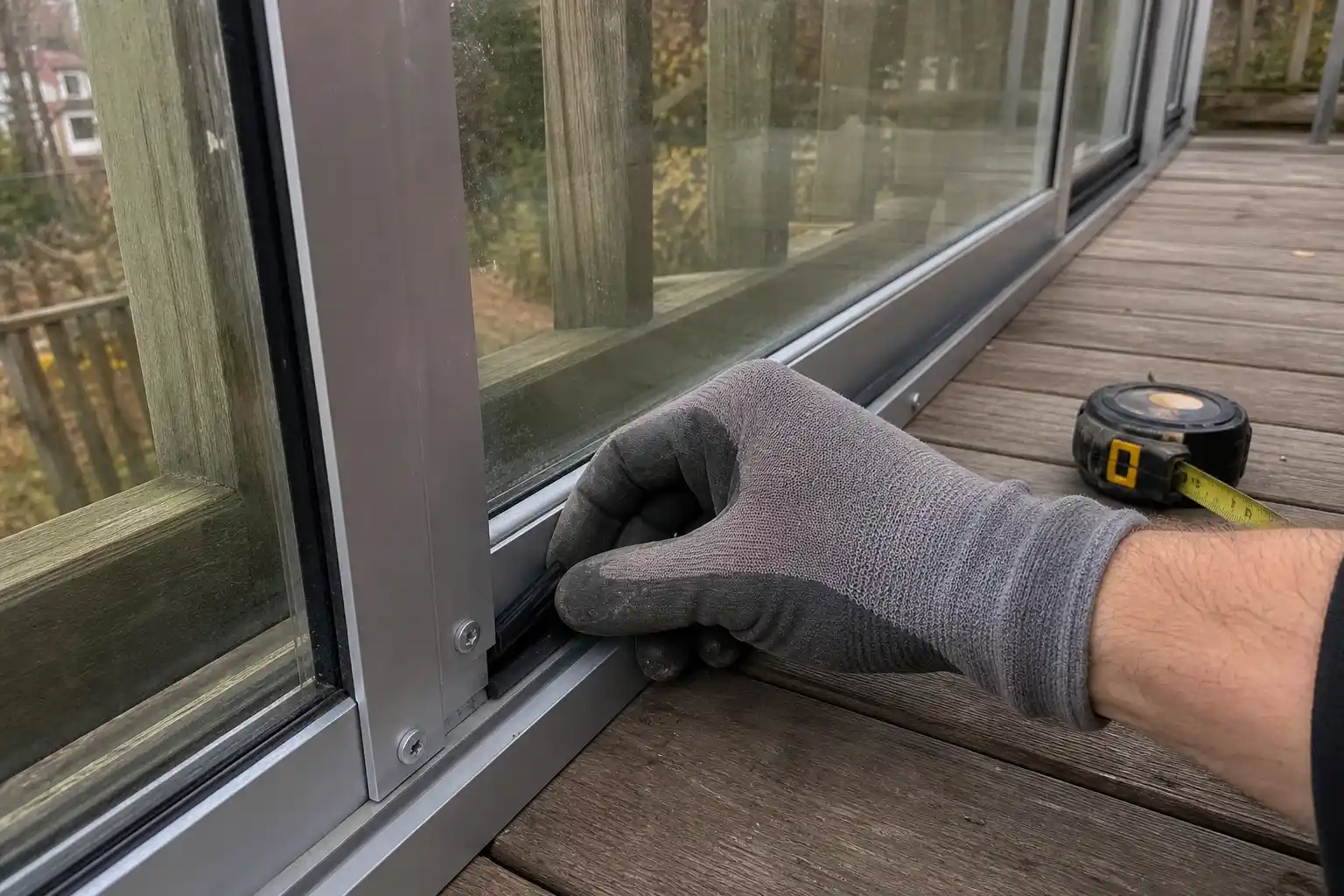 Handske trycker fast gummilist på glasparti vid altanbygge, relevant för altan bygglov regler