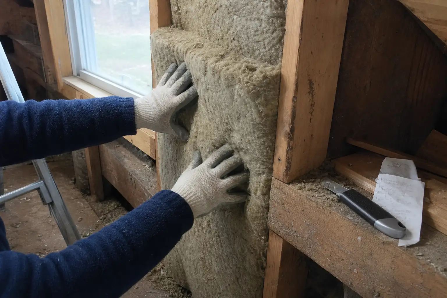 Handskar trycker fast mineralull mot vindsvägg under renovering inför ansökan om energibidrag villa