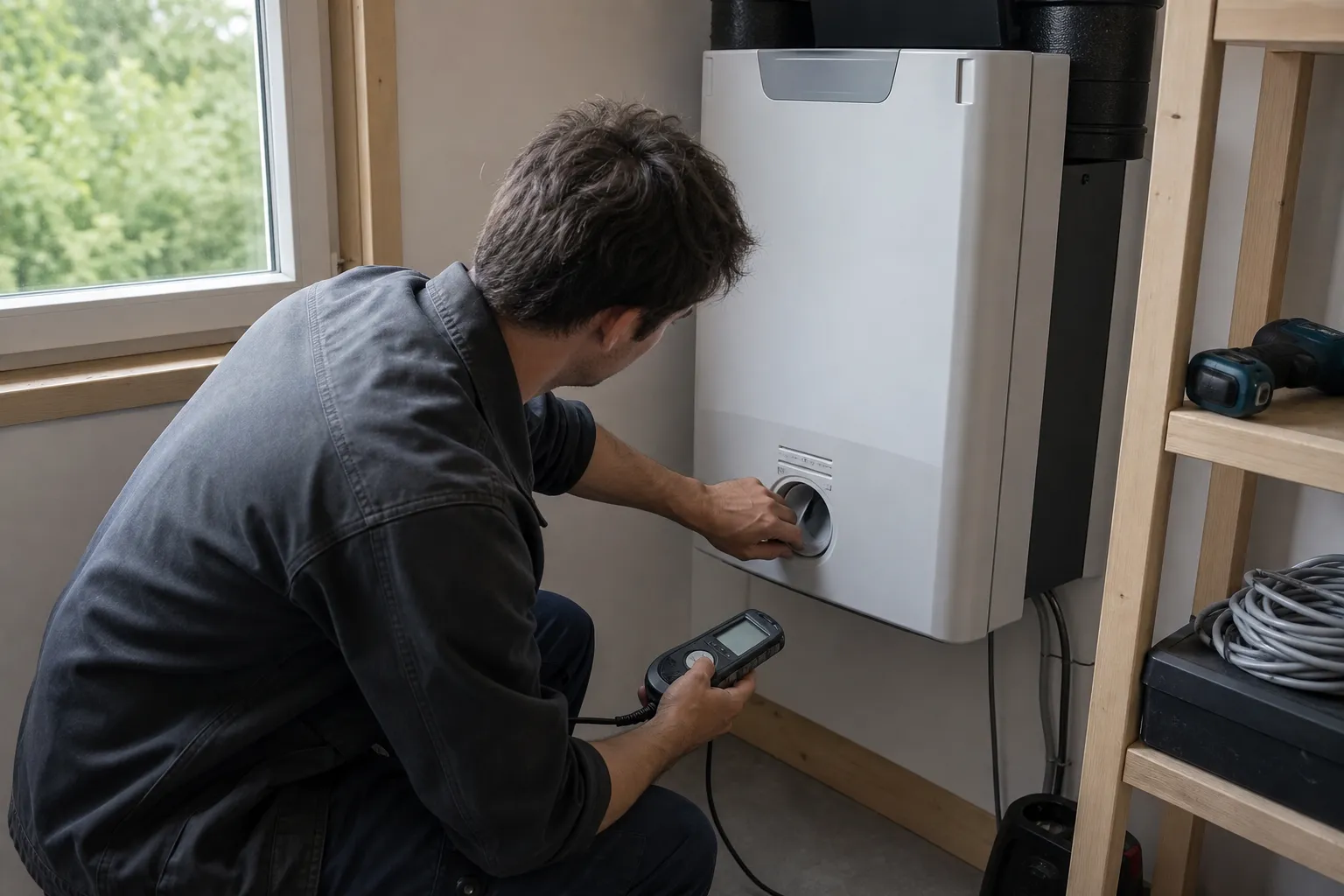 Tekniker justerar ventilationsanläggning i villa, ett arbete som kan omfattas av energibidrag villa