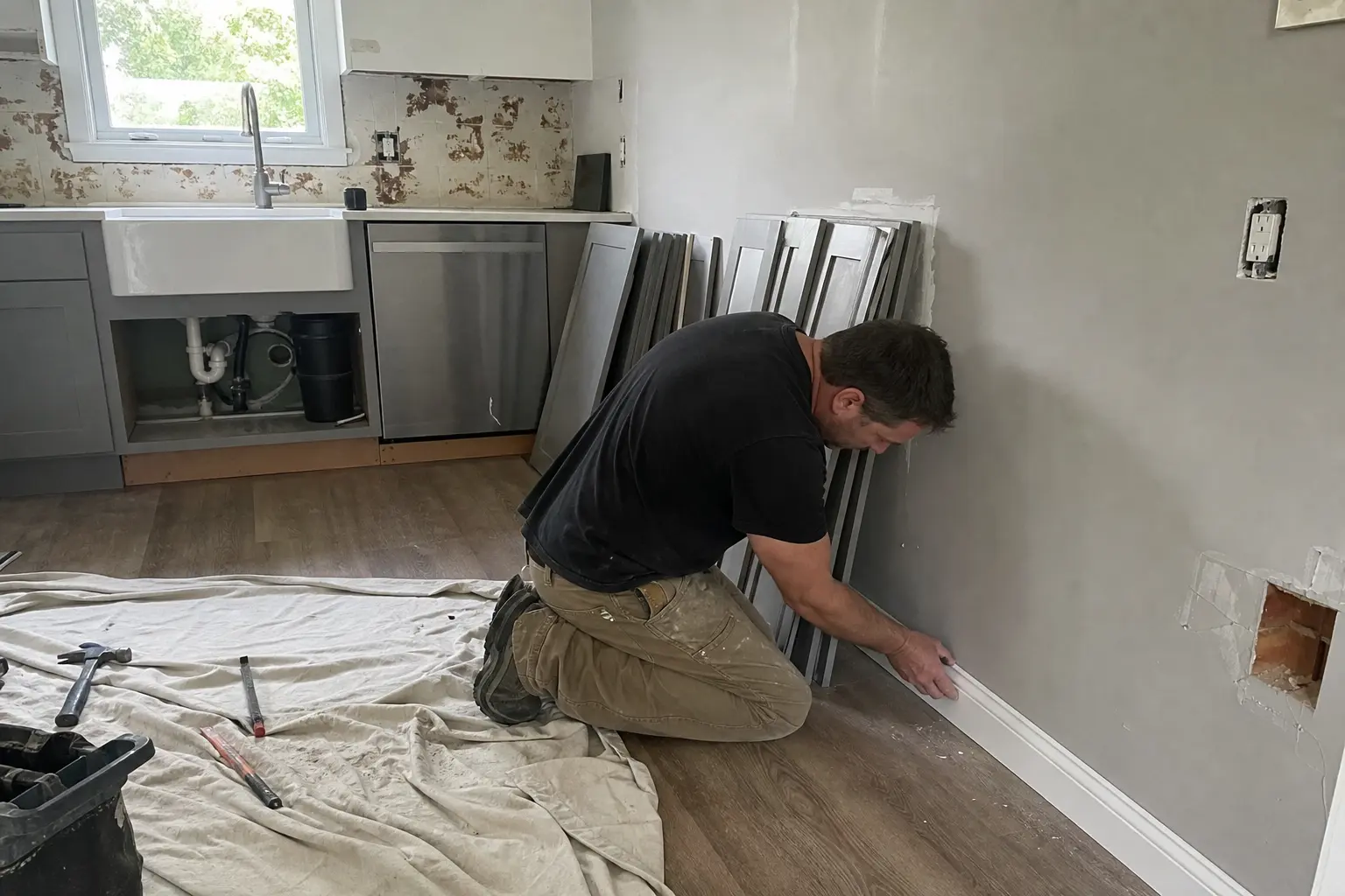 Hantverkare knäböjer och monterar list i ett kök mitt under renovering, tagen som exempel mot fejkade hantverkarsajter.