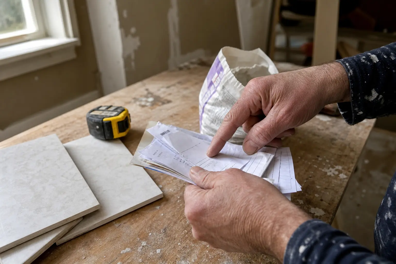 Väderbitna händer bläddrar bland skrynkliga kvitton och en byggfaktura vid renovering, i samband med ROT-avdrag fusk.
