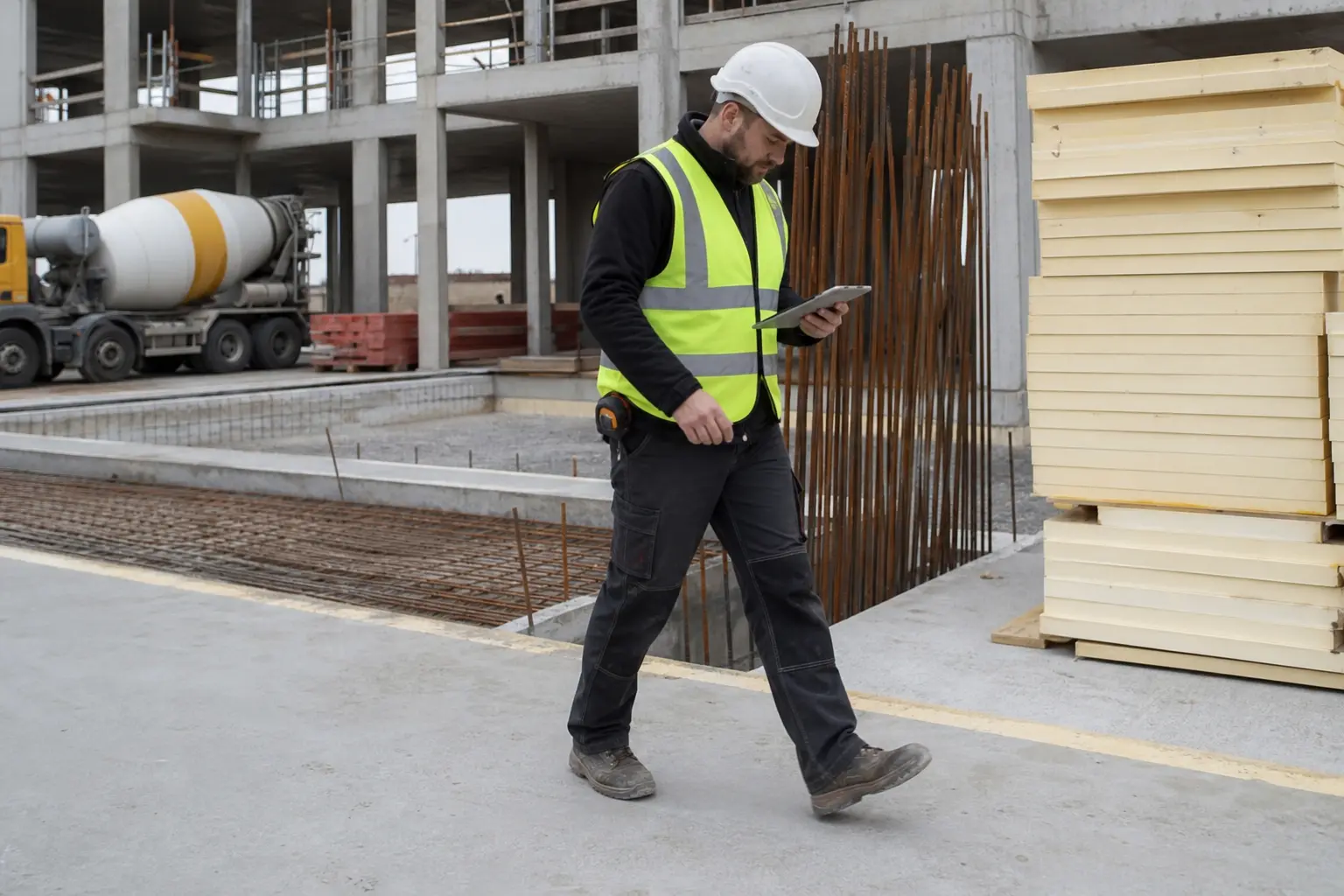 Byggledare kontrollerar mått mot betonggrund med surfplatta, relaterat till klimatkrav byggnader