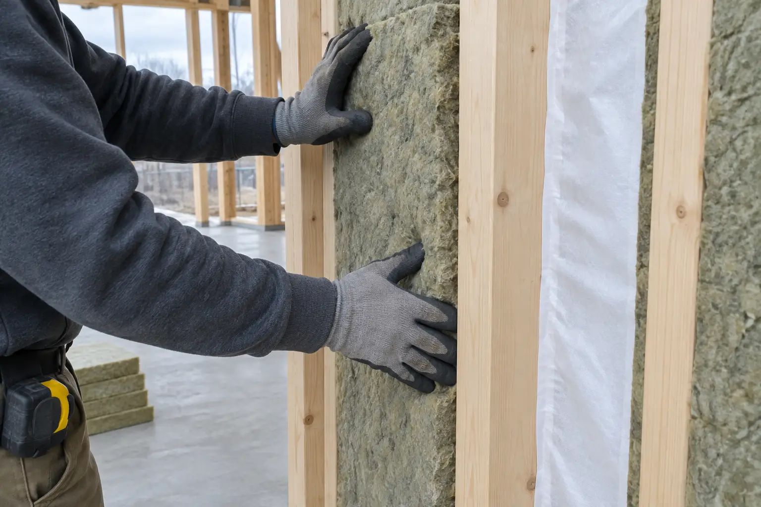 Handskar trycker mineralull mellan reglar, ett steg mot nya energikrav byggnader