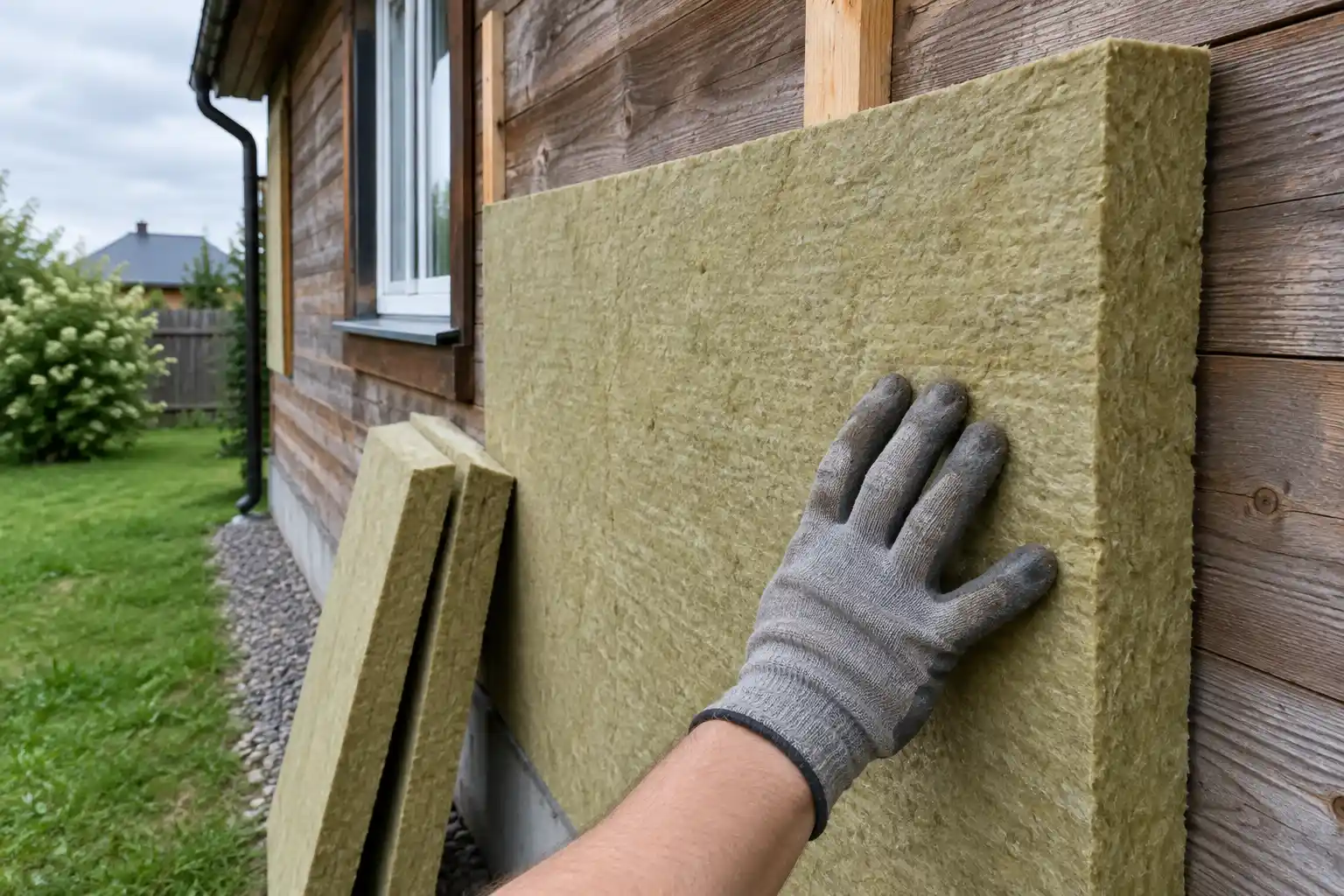 Handskbeklädd hand trycker isolering mot trävillans fasad, ett steg mot Villaeffekten bidrag