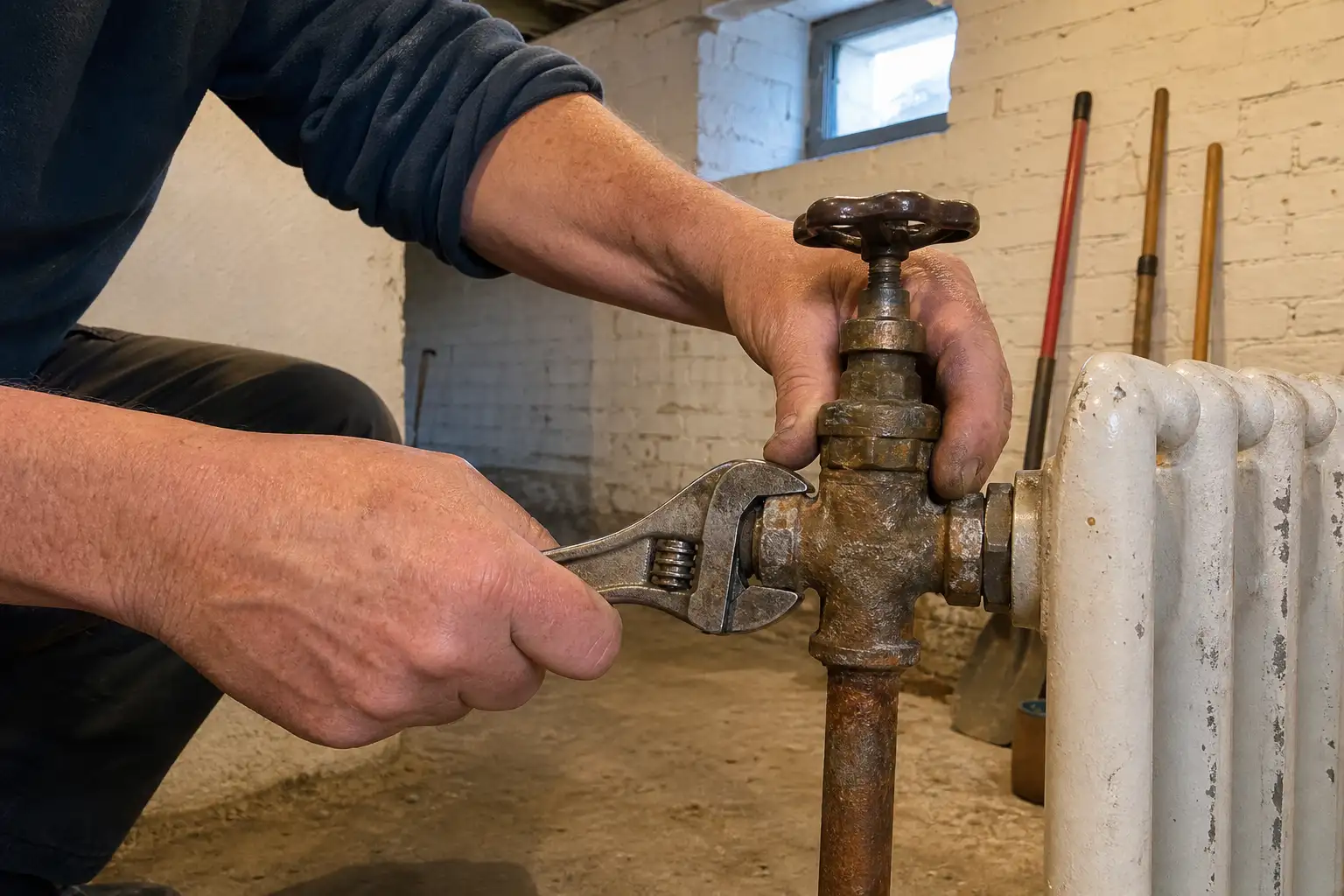 Person justerar en gammal radiatorventil med skiftnyckel i källaren, exempel på stöd till villaägare med uppvärmning.