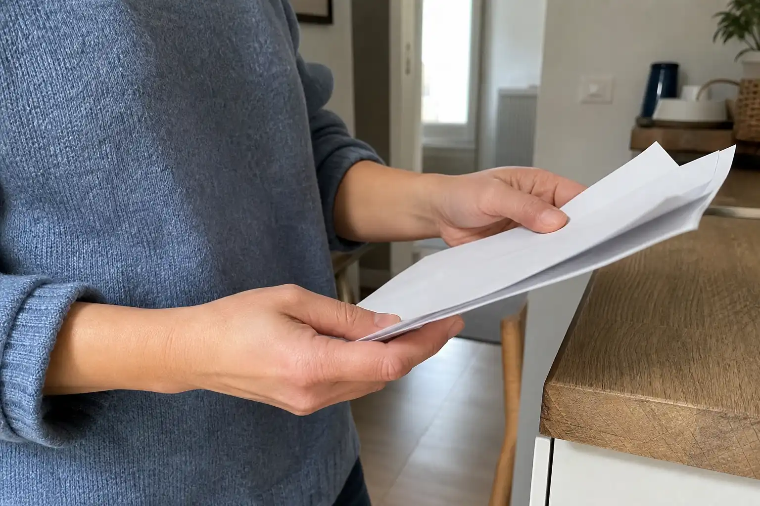 Ett par händer bläddrar i utskrivna papper om typgodkända småhus vid ett köksbord i dagsljus