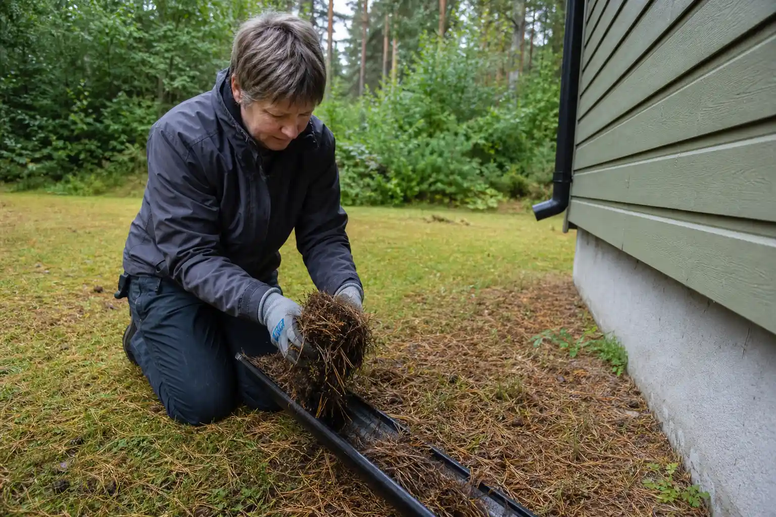 Plåtslagare rensar tallbarr ur en nedtagen hängränna vid en villa i Ängelholm