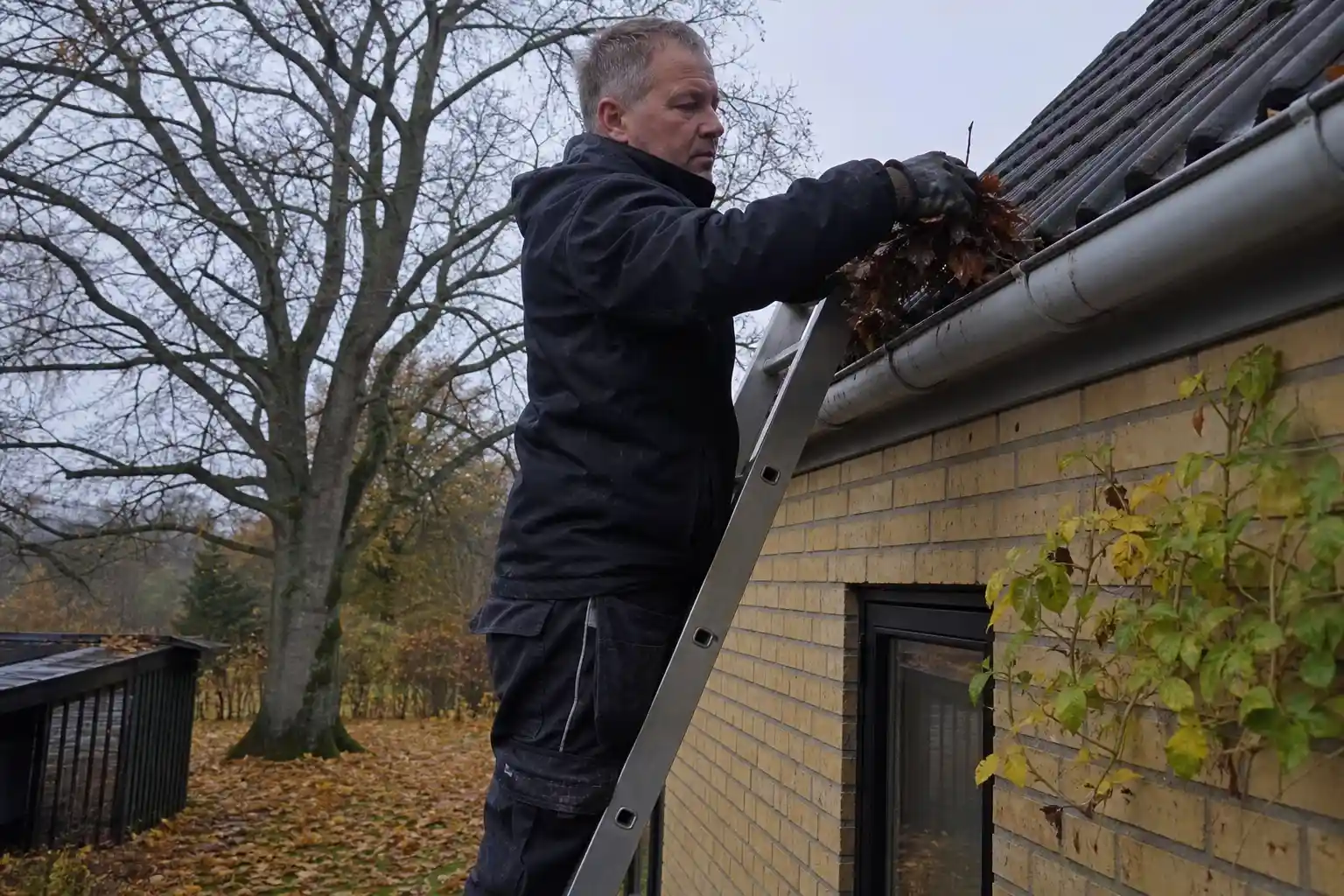Plåtslagare rensar löv ur en hängränna på en villa i Eslöv