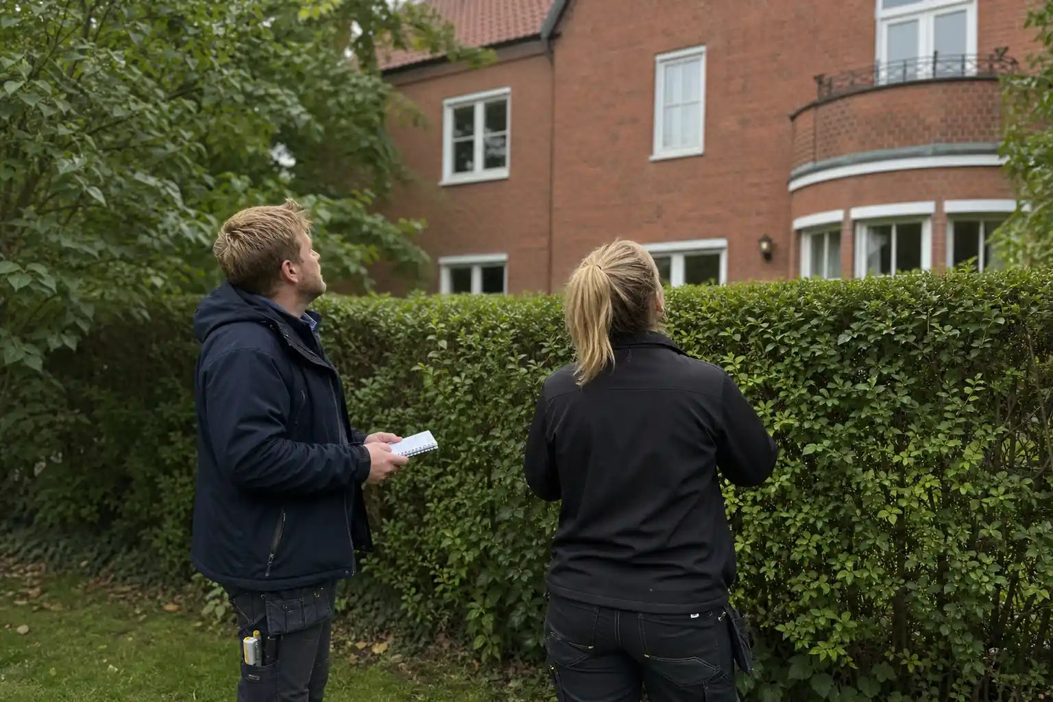 Plåtslagare och husägare tittar upp mot takfoten på en tegelvilla i ett trädrikt kvarter i Malmö