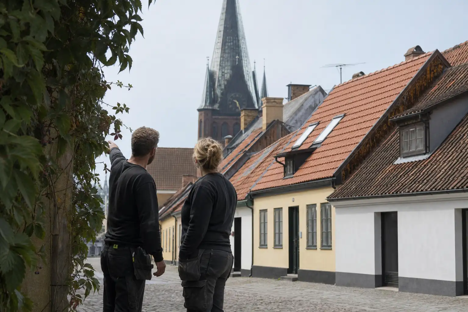 Två plåtslagare synar taken längs en kullerstensgata i Ystad med S:ta Marias torn bakom sig